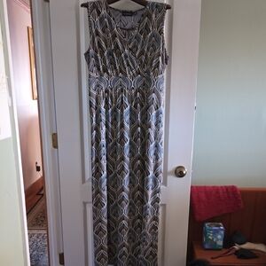 Nina Leonard Blue and Brown Patterned Maxi Dress